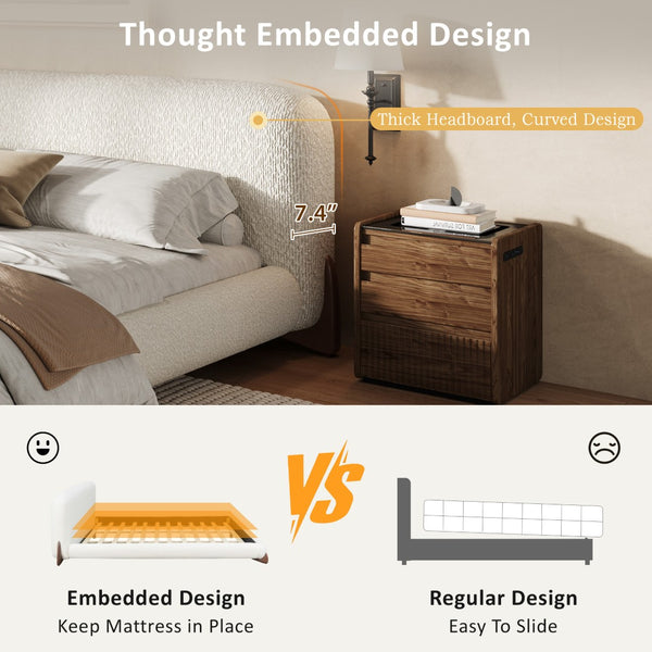 English Elm King Boucle Upholstered Platform Bed Sculpted Headboard Solid Wood Legs Bedroom N757K333334W