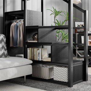 English Elm Full Size Loft Bed With Stairs And Storage Shelves – Stylish Black Metal High Loft Bed For Kids & Teens W2580S00037