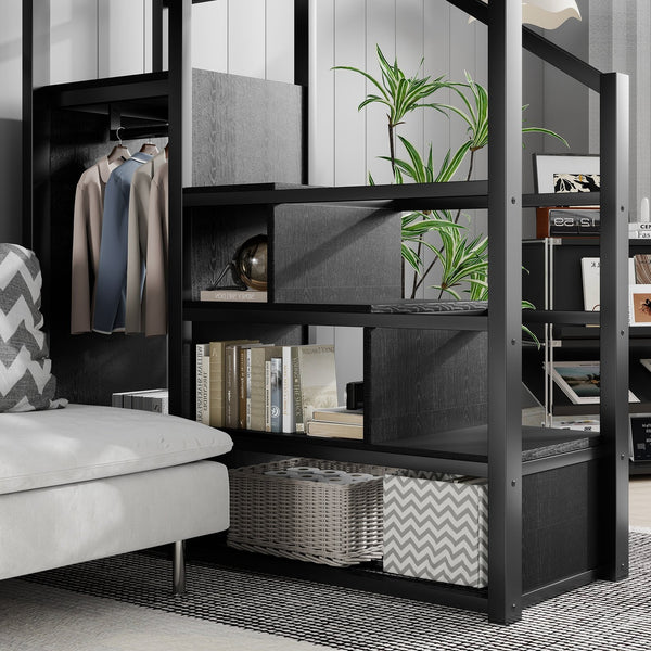 English Elm Full Size Loft Bed With Stairs And Storage Shelves – Stylish Black Metal High Loft Bed For Kids & Teens W2580S00037
