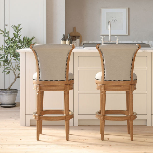 English Elm 26in. Wood High-back Swivel Barstool Farmhouse Style Nailhead Upholstered Kitchen Seat Oak B2751P436433
