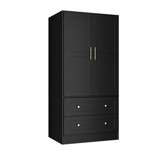 English Elm Shaker Two Door Wardrobe Armoire with Hanging Rod Drawers and Bedroom Storage T3210P477663