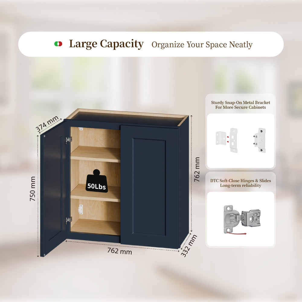 English Elm Navy Shaker Wall Cabinet Solid Wood Double Door Soft Close Kitchen Bath Storage T2950P479974