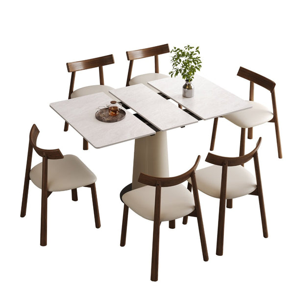 English Elm Retractable Rock Slab Dining Set with Leather Wrapped Base for Compact Apartments W2700S00104