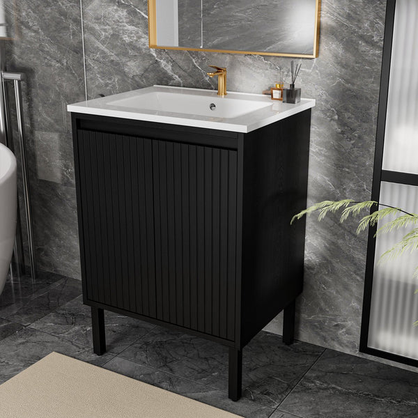 English Elm 24 Compact Bathroom Vanity with Sink — Floor-Standing Stability, Soft-Close Drawers, Large Storage, Durable Finish Black 29.13 L x 6.49 W x 26.37 H W3520S00014