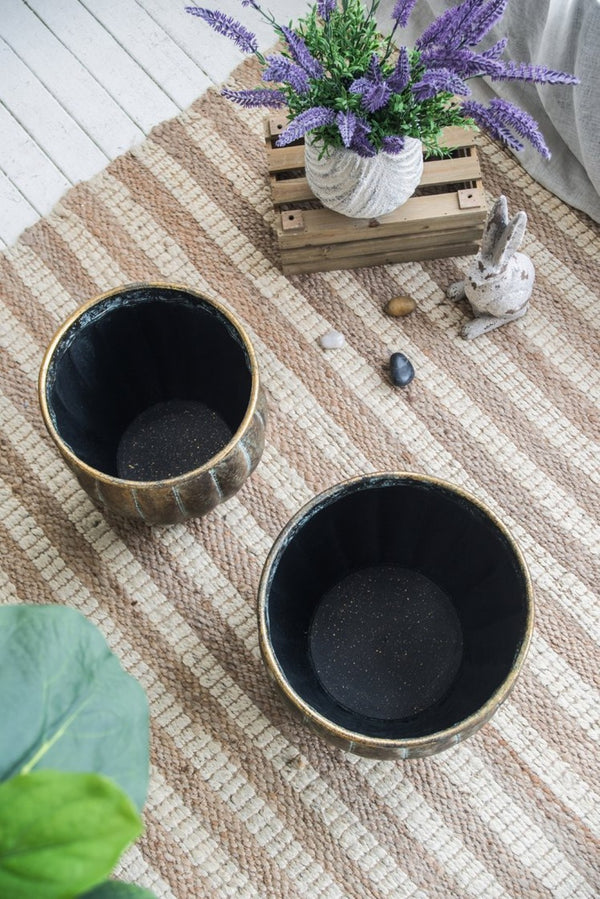 English Elm Set of 2 Distressed Iron Planters with Golden Patina for Indoor Outdoor Decor W2078P498286
