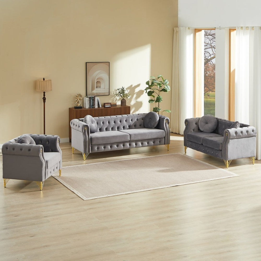 English Elm Velvet Chesterfield Tufted Sofa with Copper Stud Trim and Gold Legs for Glam Living Grey W834S00630