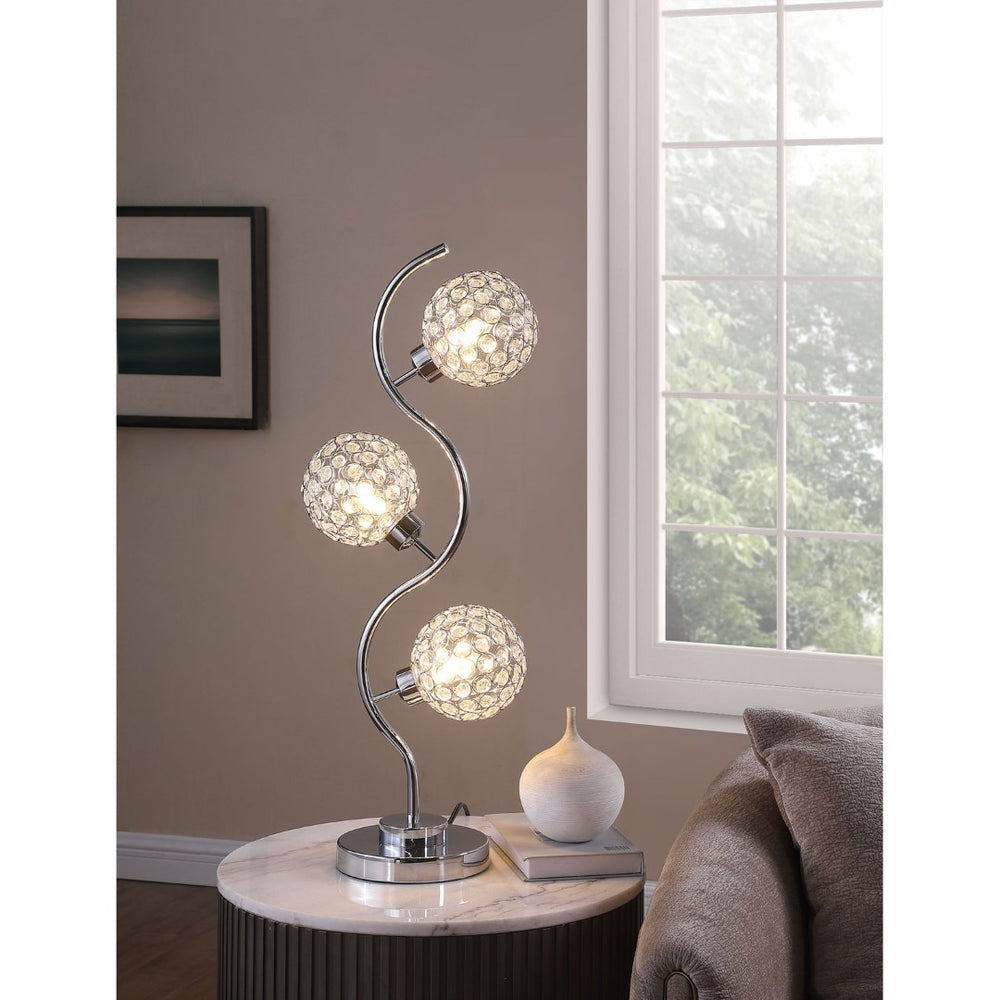 English Elm Vandy Chrome Sculptural Three Light Table Lamp with Crystal Orb Shades for Glam Interiors B062P440080
