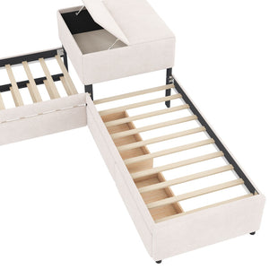 English Elm L-shaped Twin Platform Bed Set with Trundle Drawers and Center Table in Beige Linen GX000531AAA