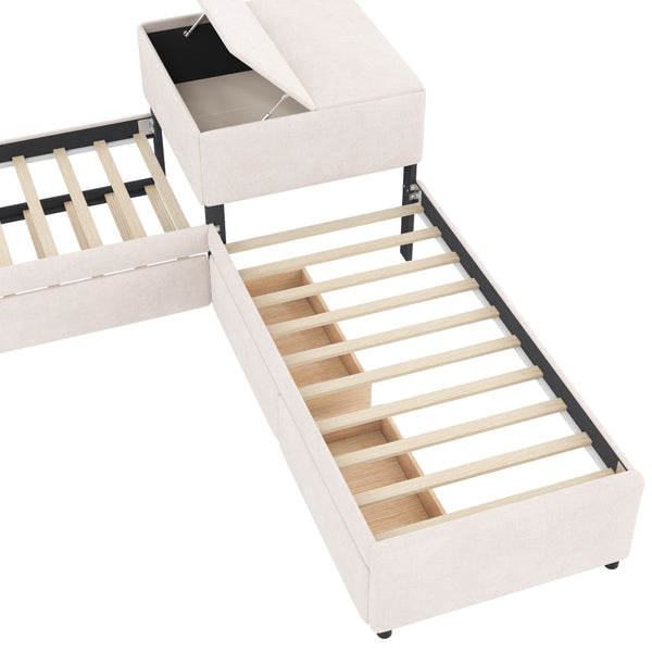 English Elm L-shaped Twin Platform Bed Set with Trundle Drawers and Center Table in Beige Linen GX000531AAA