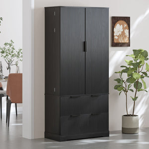 English Elm 72" Modern Fluted Pantry Cabinet with 2 Large Silent Drawers, 8-Door Spice Rack & Adjustable Shelf Organizer Black W2917P294988