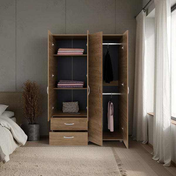 English Elm Natural Oak Two-door Wardrobe with Hanging Rod Adjustable Shelves and Lower Drawers B062S01855