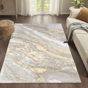 English Elm "Adina" Luxury Area Rug - Beige & Gold Abstract Design For Modern Living Spaces, Durable & Elegant B030P216155