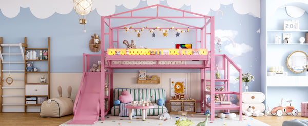 English Elm Twin Metal Loft Bed with Built-in Wardrobe Storage Stairs Led Lights and Usb Ports W5316S00048