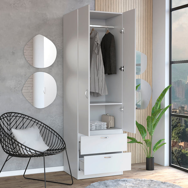 English Elm Vico 76" High Armoire Wardrobe Closet with Hanging Rod, 2 Drawers & Shelves White, Space-Saving Organizer B200P188838