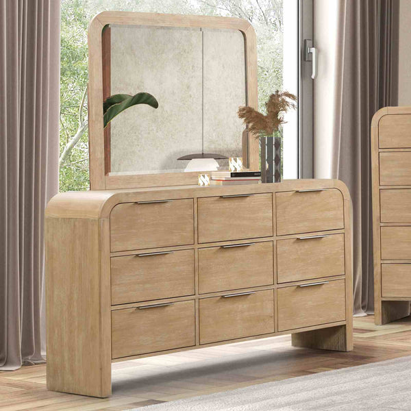 English Elm Contemporary Rustic Tone 1pc Dresser with Felt-Lined Top Drawers, Ball-Bearing Glides, Black Pulls, Bedroom Chic Natural 67 L x 22 W x 42 H B2741P406802