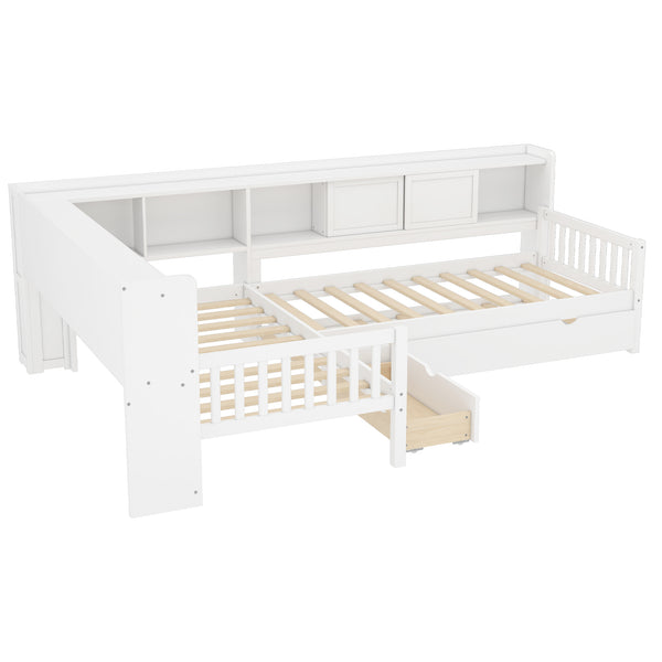 English Elm L-shaped Twin Platform Bed with Trundle, Solid Wood Corner Sleeper with Drawers, Shelves, No Box Spring Needed White W1580S00259