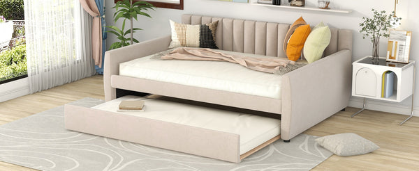 English Elm Full Size Velvet Upholstered Daybed with Pull Out Trundle and Wood Slat Support Beige LP100121AAA