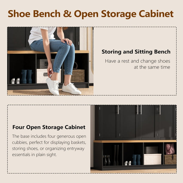 English Elm Wood Entryway Hall Tree with Bench Seating Coat Hooks Shoe Cubbies Cabinet Black W5271S00003
