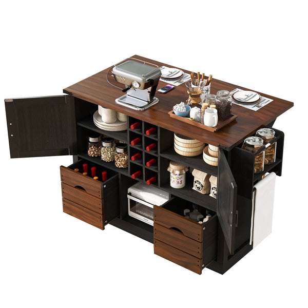 English Elm K&K 54" Farmhouse Kitchen Island Cart with Drop Leaf, Wine Rack, Power Outlet and Rolling Storage Black N707P349814B