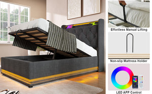 English Elm Twin Upholstered Bed with Hydraulic Storage, Surround LED, App/Remote Control & USB Type-C Charging Gray N736P188805G