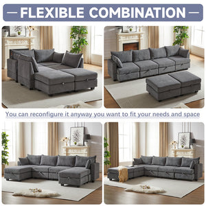 English Elm 113.5'' Modular Sectional Sofa with Storage Ottoman, Convertible U or L Shape Sleeper for 6 Seats Dark Gray W834S00252