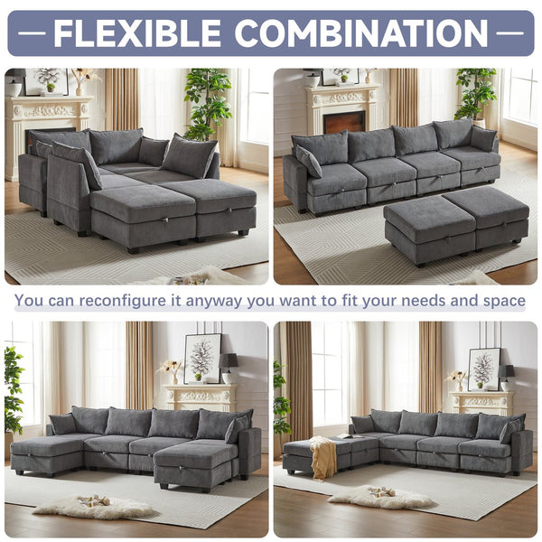 English Elm 113.5'' Modular Sectional Sofa with Storage Ottoman, Convertible U or L Shape Sleeper for 6 Seats Dark Gray W834S00252
