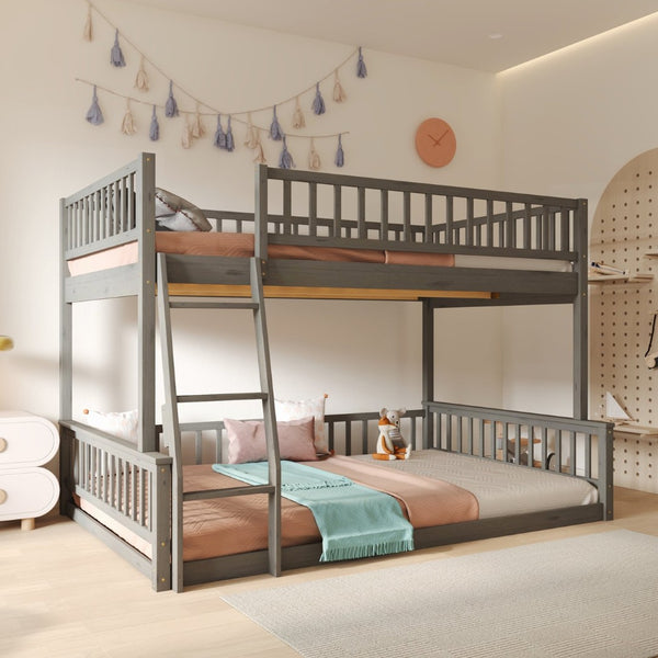 English Elm Full Xl Over Queen Bunk Bed Pine Frame with Guardrails Ladder and Slat Support Gray GX000450AAE