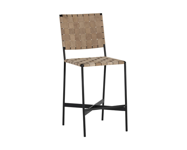 Sunpan Omari Elevated Bar Stool - Handcrafted Black Leather Weaved Seat with Stylish Iron Frame Design Suede Light Tan Leather