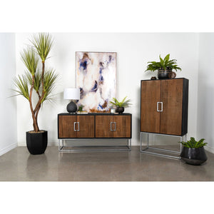 English Elm Washoe Rustic Walnut and Silver 4-Door Accent Cabinet with Metal Legs, Storage Shelves, 67"W B062P358336