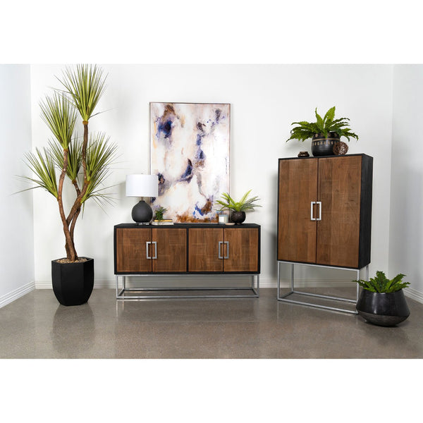 English Elm Washoe Rustic Walnut and Silver 4-Door Accent Cabinet with Metal Legs, Storage Shelves, 67"W B062P358336