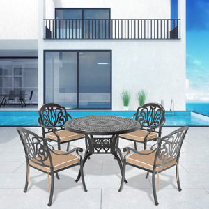English Elm 5-Piece Cast Aluminum Patio Furniture Set With Comfortable Brown Cushions For Outdoor Dining Fun W1710S00062