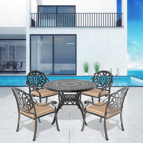 English Elm 5-Piece Cast Aluminum Patio Furniture Set With Comfortable Brown Cushions For Outdoor Dining Fun W1710S00062