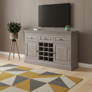 59 Inch Distressed Solid Wood Sideboard with Three Drawers and Cabinet Storage