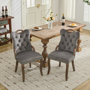 English Elm Velvet Upholstered Dining Chair with Handmade Tufting, Solid Wood Handles, Copper Nail Trim, Set of 2 Gray W1143P338141