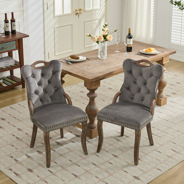 English Elm Velvet Upholstered Dining Chair with Handmade Tufting, Solid Wood Handles, Copper Nail Trim, Set of 2 Gray W1143P338141