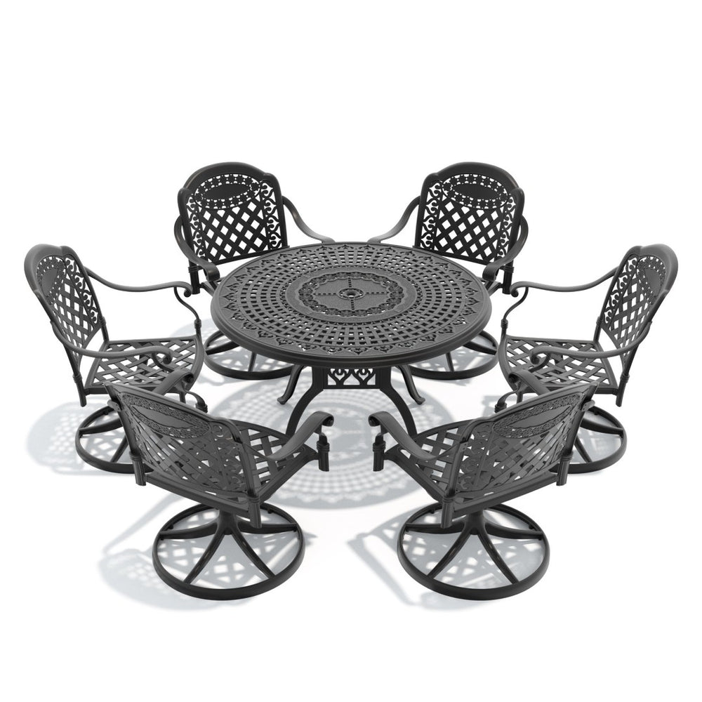 English Elm 7-piece Cast Aluminum Outdoor Dining Set with Swivel Chairs and Round Patio Table W1710S00308