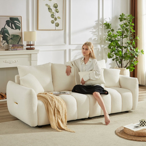 English Elm 1 Plus 3 3 Teddy Fleece Sofa Set with Pine Frame Seven Cushions for Living Rooms Beige W1193S00184