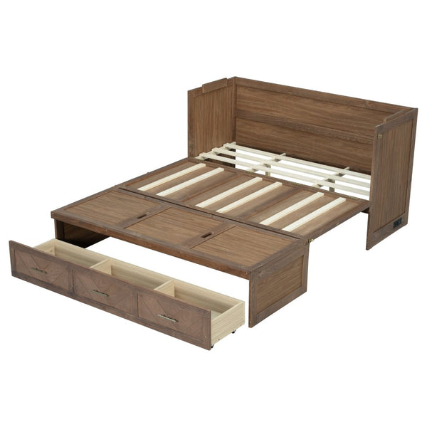 English Elm Queen Cabinet Murphy Bed Pine Wood Frame Geometric Panel Usb Charging Guest Room W504S00306