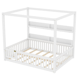 English Elm Full House Floor Bed with Door and Guardrails for Kids, Solid Wood Double Full, Safe Play Nook Light White W1580P359331