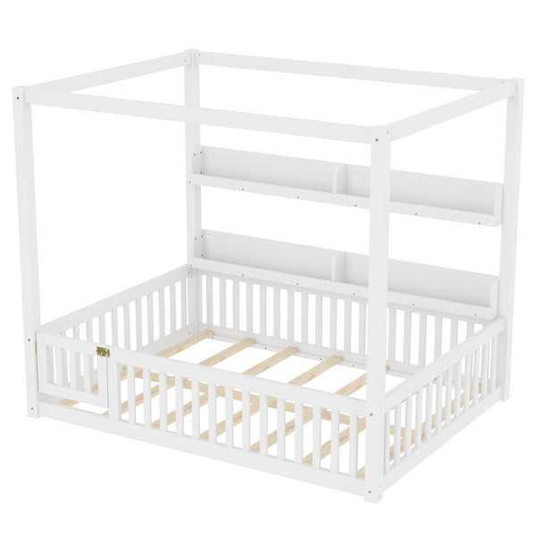 English Elm Full House Floor Bed with Door and Guardrails for Kids, Solid Wood Double Full, Safe Play Nook Light White W1580P359331