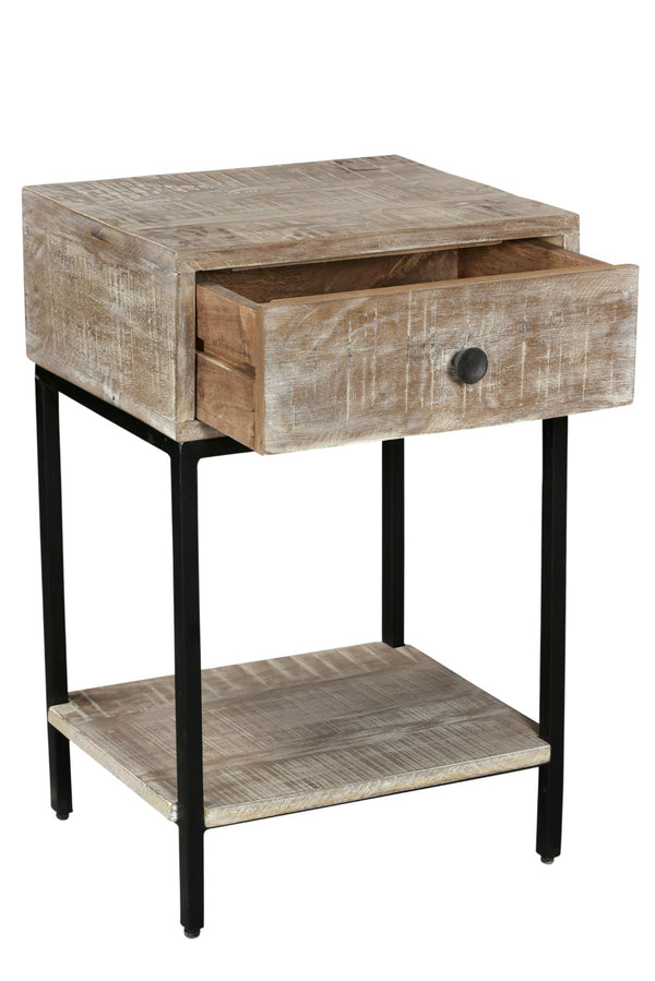 Moti Minerva 1-Drawer and Shelve Side Table White Wash Textured Wood on Metal Base 72014006
