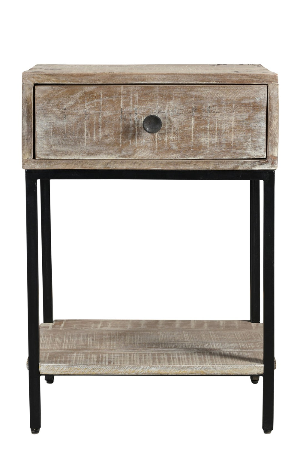 Moti Minerva 1-Drawer and Shelve Side Table White Wash Textured Wood on Metal Base 72014006