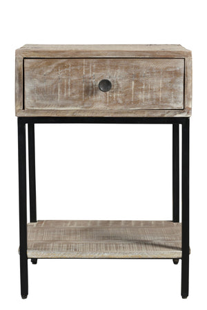 Moti Minerva 1-Drawer and Shelve Side Table White Wash Textured Wood on Metal Base 72014006