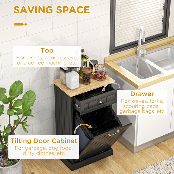 English Elm HOMCOM Tilt-Out Kitchen Trash Cabinet with Drawer and Oak Top Space-Saving Pet-Safe Organizer Black W2225P229386