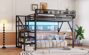 English Elm Queen Metal Loft Bed with Staircase Wardrobe Rgb Lighting Industrial Frame W2580S00067