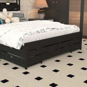 English Elm Queen-size Storage Platform Bed with Led Headboard 12 Drawers and Charging Station Black W5026P404146