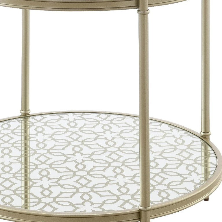 HomeRoots 24 Inch Round Glass Top Iron End Table with Lower Storage Shelf for Modern Living 720248