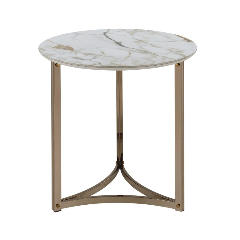 HomeRoots 24 Inch Round Stone Top Metal Frame End Table for Glam Living Room Decor 720251