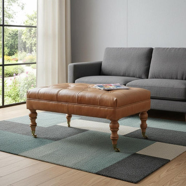 35 Inch Genuine Leather Tufted Ottoman with Rolling Casters for Living Room