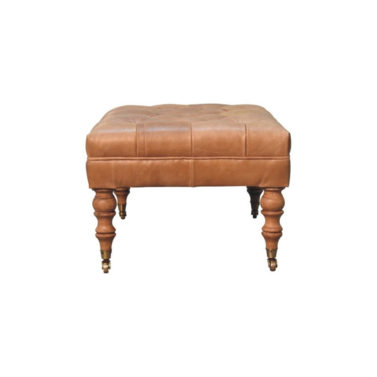 HomeRoots 35 Inch Genuine Leather Tufted Ottoman with Rolling Casters for Living Room 720257